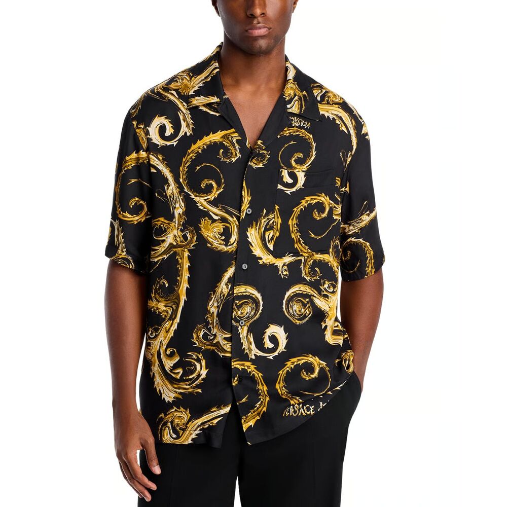 VERSACE COUTURE Shirt Mens Size 48 Black Gold Button Garland Baroque Logo $425